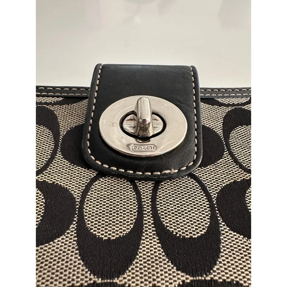 Coach Signature C Monogram Turnlock Trifold Long Wallet Black Canvas Leather Y2K